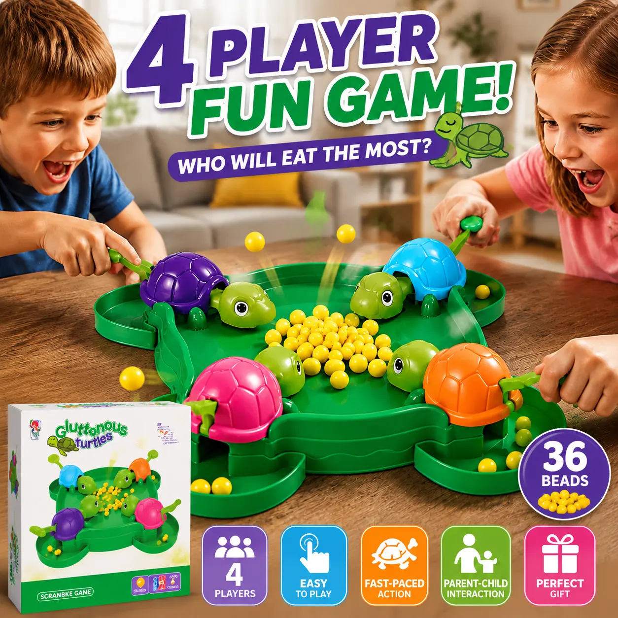 Hungry Turtle Game for Kids, 4 Player Fast-Paced Feeding Race Board Game, Fun Family Party Game Kid Board Games Family Fun Game Indoor Board Games Original Board Game