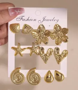 Fashion Jewelry 1/6 Pairs Gold Shell Seashell Starfish 5-Petal Flower Heart Water Drop Shaped Earrings Set for Women's Daily Wear