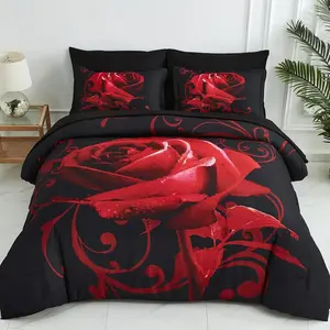 Red Comforter Set  7 count Bed in a Bag Red Rose Flower Comforter with Sheet Set Soft Micorfiber Reversible Bedding Set (1 Comforter,2 Pillow Shams,1 Flat Sheet,1 Fitted Sheet,2 Pillowcases)