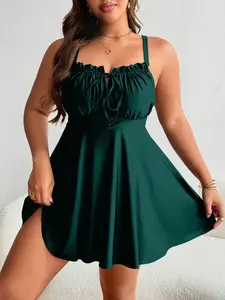 Swim Lushoire Plus Size Black Ruffled Tie Front Tankini Swimdress – Summer Beach & Vacation Swimwear