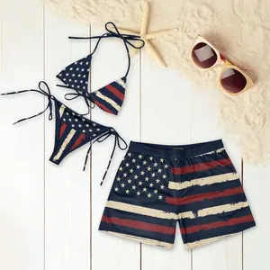 American Flag Bikini Patriotic Red White Blue Couple Swimwear Set – Women’s Tie Side Thong Bikini & Swim Bra with Men’s Beach Shorts, Summer Vacation Outfit