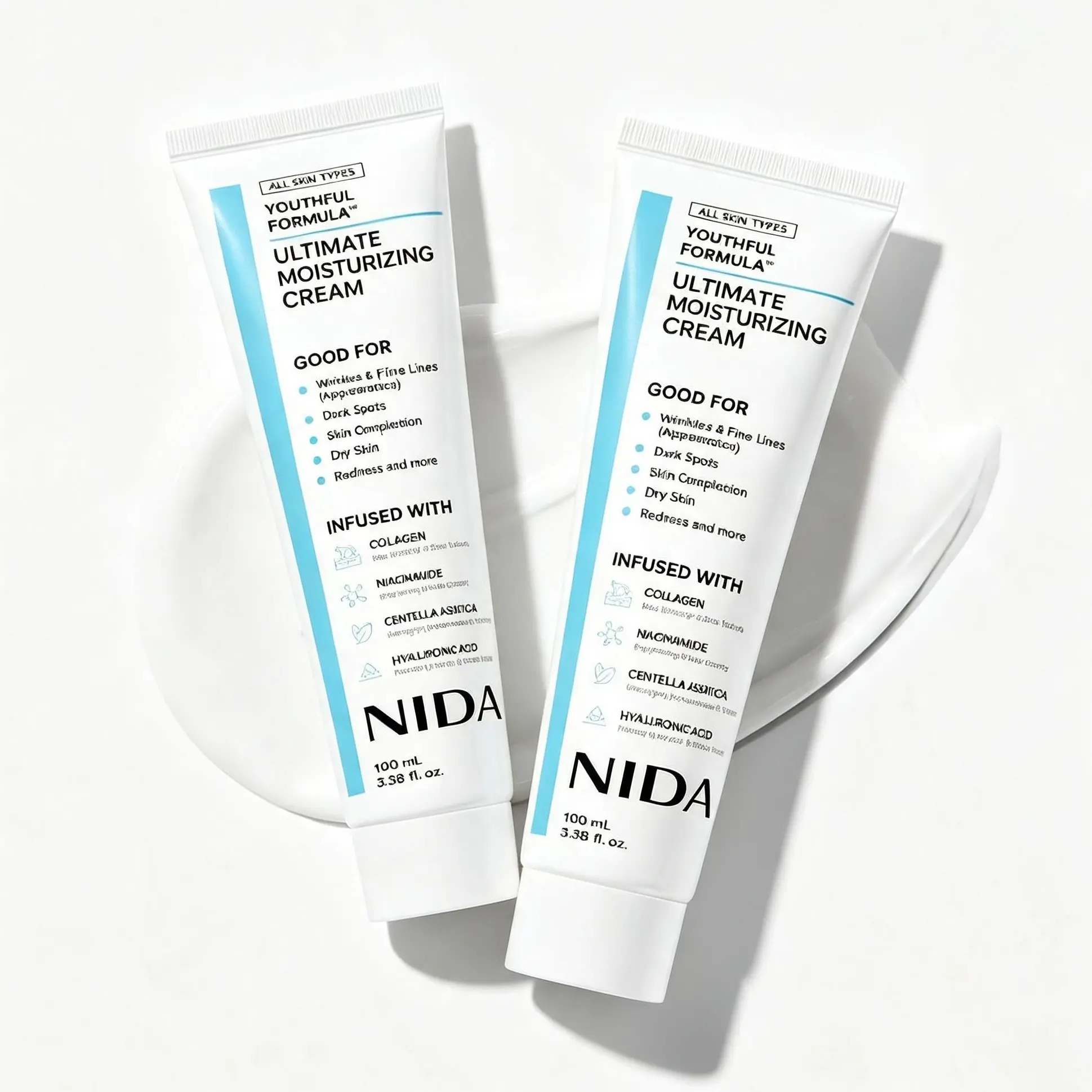 2PCS NIDA Youthful Formula Ultimate Moisturizing Cream (100mL) / Collagen, Niacinamide, Centella Asiatica, Hyaluronic Acid / Wrinkles, Dark Spots, Skincare Hydrating Daily Moisturizer Moisture Hydrate