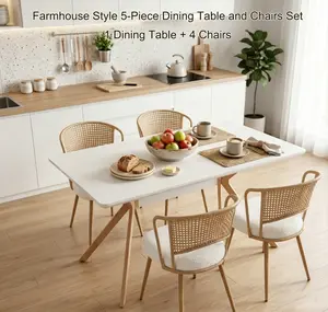 [2 Packages] Modern Minimalist Dining Table & Chair Set 5-Piece, Anti-Scratch MDF Table + 4 Farmhouse Cane Back Cushioned Chairs, Space-Saving for Kitchen Dining Room, White+Brown