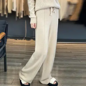 100% Merino Wool Pants Women's Autumn Winter Elastic Waist Loose Solid Color Casual Warm Elegant Fashion Knitted Wide Leg Pants