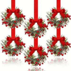 6-Pack Christmas Mini Window Wreaths with Ribbon Bows & Red Berries Small Cabinet Hangers Farmhouse Style Kitchen Door Decor for Christmas Party Arrangements Ornaments Set Decoration