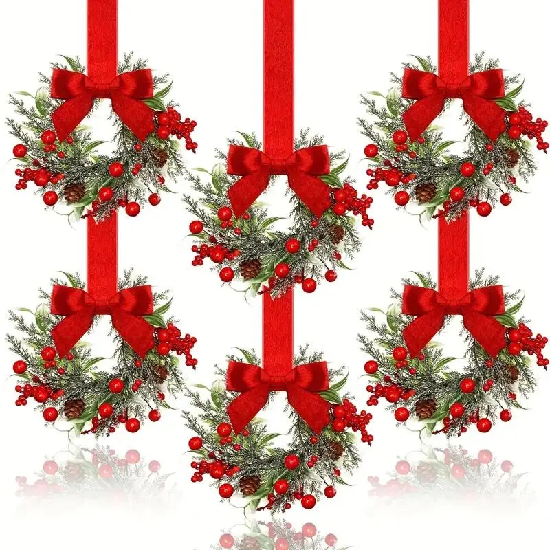 6-Pack Rustic Farmhouse Artificial Flower Mini Window Wreaths - Home Supplies with Ribbon Bows, Berry Motif, Small Cabinet Hangers for Kitchen Door Christmas Party Decoration