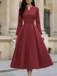 Women's Plain Color Dress, V Neck Long Sleeve Ruched Waist A-Line Side Zipper Design, Casual Wear Midi Dress for Daily Commuting, Elegant Chic