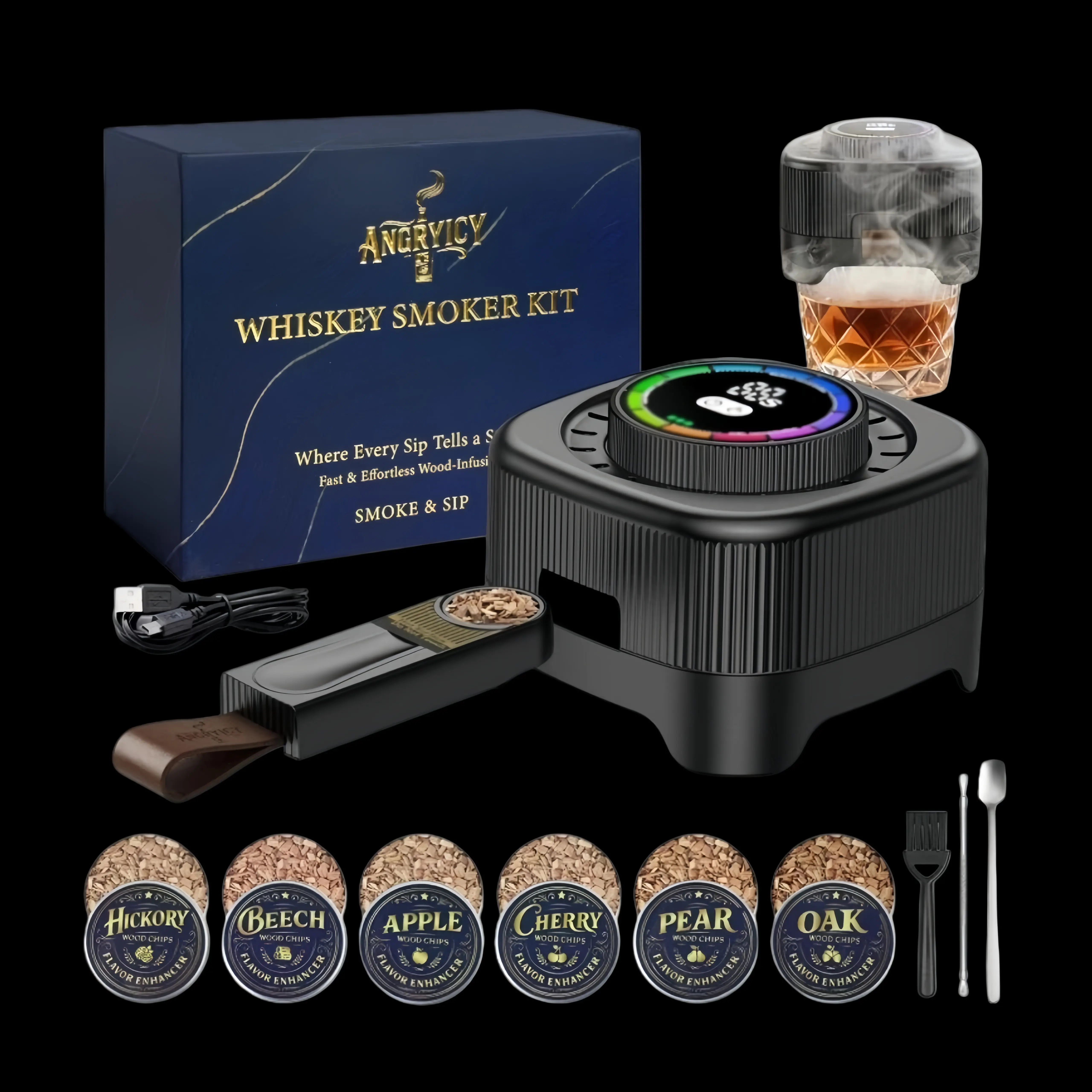 Whiskey Smoking Kit for Men – 6-Flavor Wood Chips, Electric BBQ-Style Smoke Infusion for Bourbon Cocktails, Top-Rated Dad & Valentines Gift Stylish Utensils Glass