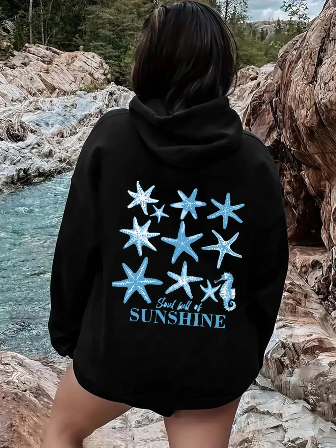 Chic Women's Starfish Print Hoodie with Drawstring Detail & Pocket, Casual Long Sleeve Pullover, Fall Winter Wear