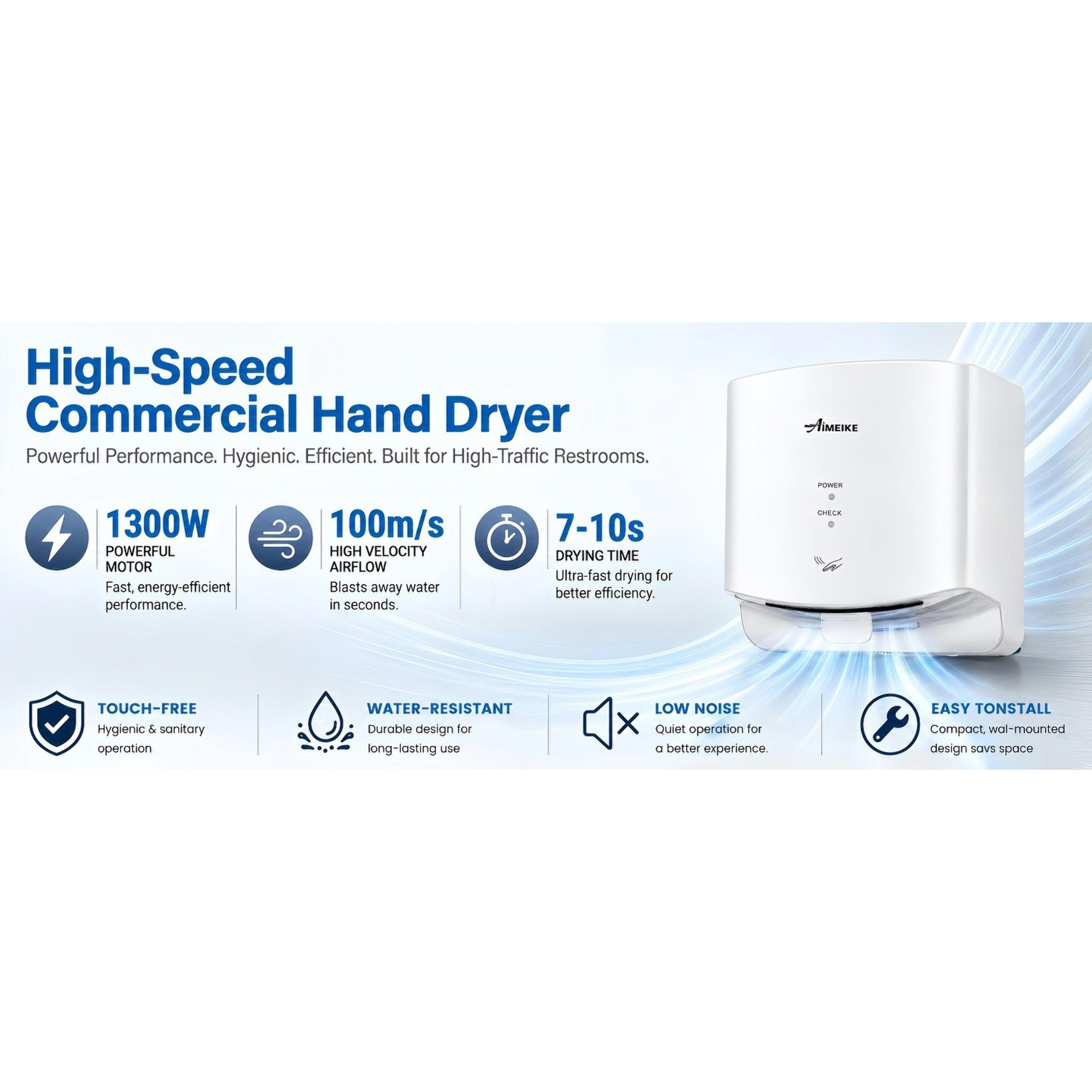 Compact Commercial Hand Dryer 110-130V 1300W for Bathroom, White | 7-10s fast drying, 100 m/s airflow, auto heat under 77°F/25°C, compact ABS body, plug-in setup with hardwired option