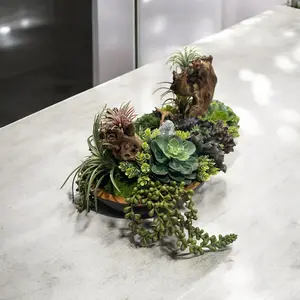 Succulent Design in Black and Brown Wide Wood Vase | Faux Succulent and Floral Arrangement | Arranged Succulents for Table Centerpiece and Gifts