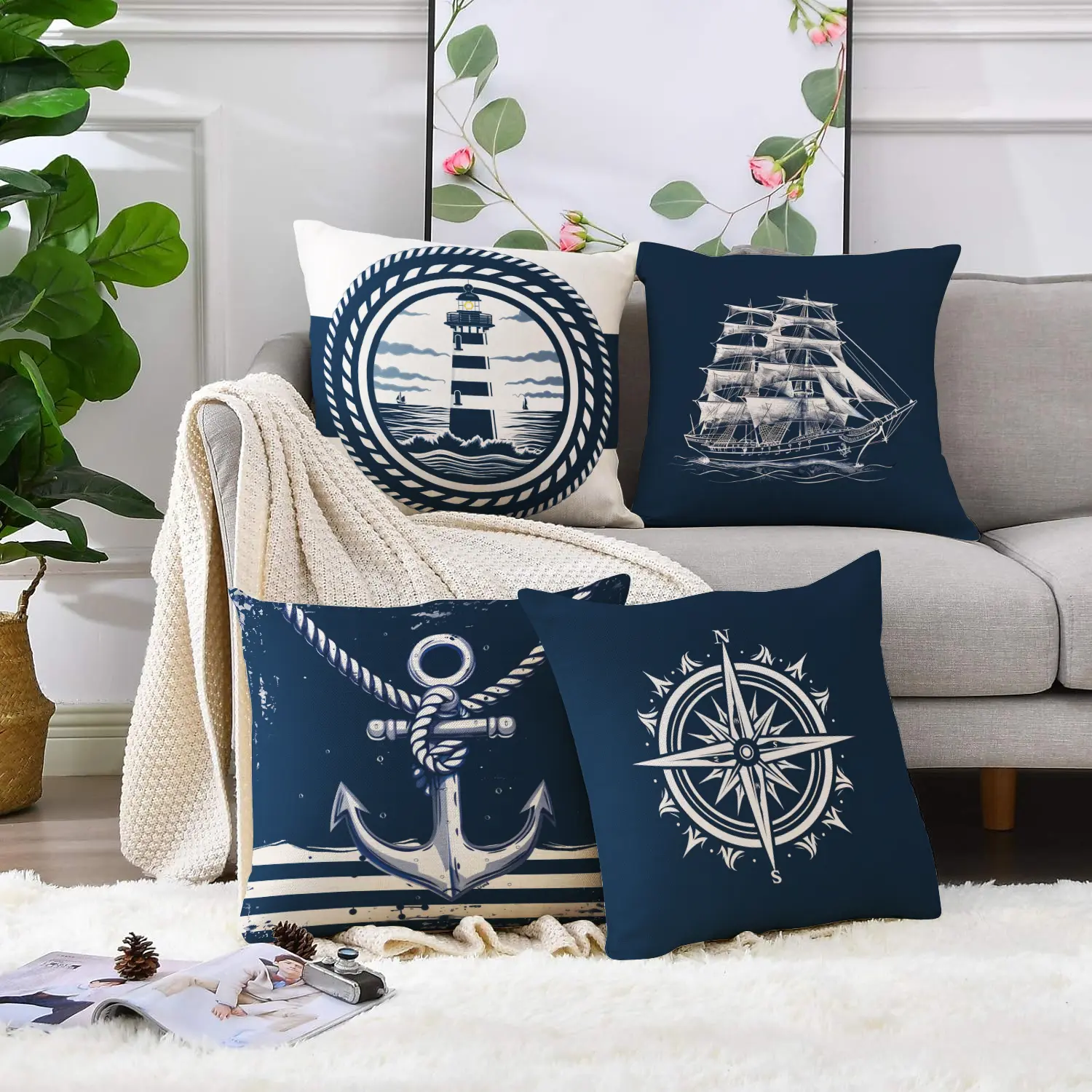 4-Pack 18x18 InchCrest Throw Pillow - Nautical Design with Lighthouse Ship Anchor and Compass Patterns for Home Decor