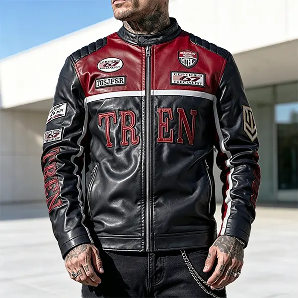 Men’s American retro red/black color-block motorcycle leather jacket, PU leather outerwear, street racing style, stand collar, cropped riding jacket, multiple badge embroidery, slim fit with multiple logo badges