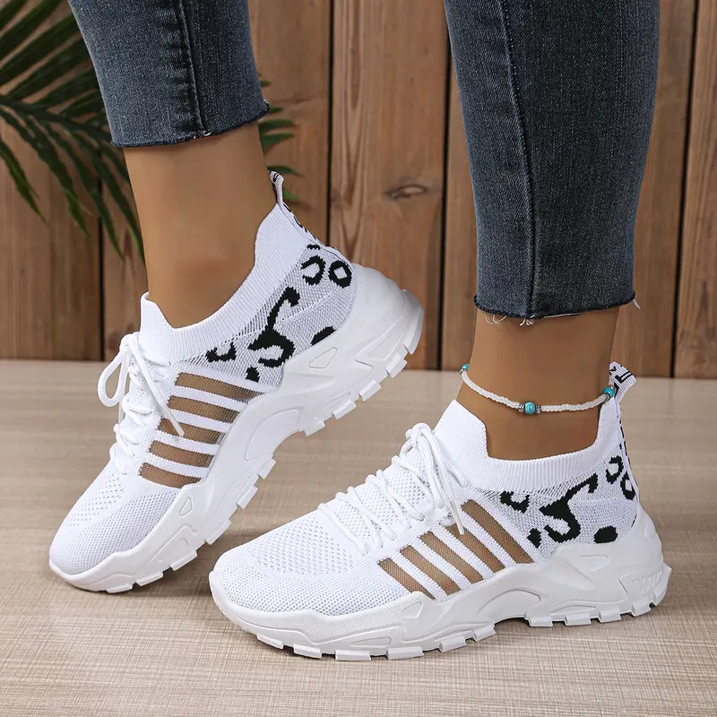 Women's Animal Print Lace-Up Chunky Sole Sneakers - Trendy Walking Sneaker, Non-Slip Colorblock Casual Fabric Trainers, Breathable Mesh Comfort Platform Everyday Footwear (Yellow,Pink,White,Black,Blue,Red)