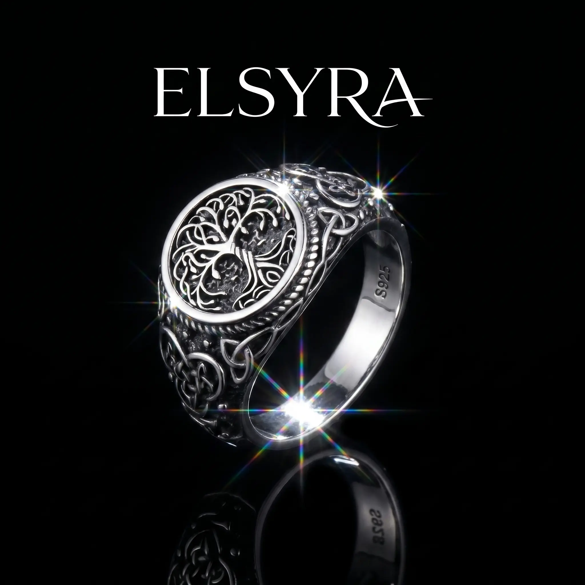 S925 Sterling Silver Unisex Tree of Life Wide Band Ring - Celtic Knots, Antique Steel Norse Runes, Pagan Amulet Jewelry for Adults, Creative Daily Gift (Artificial Gemstone Accessory), Crafted With Antique Steel, Creative Gift, Classic, Icelandic Charm, P