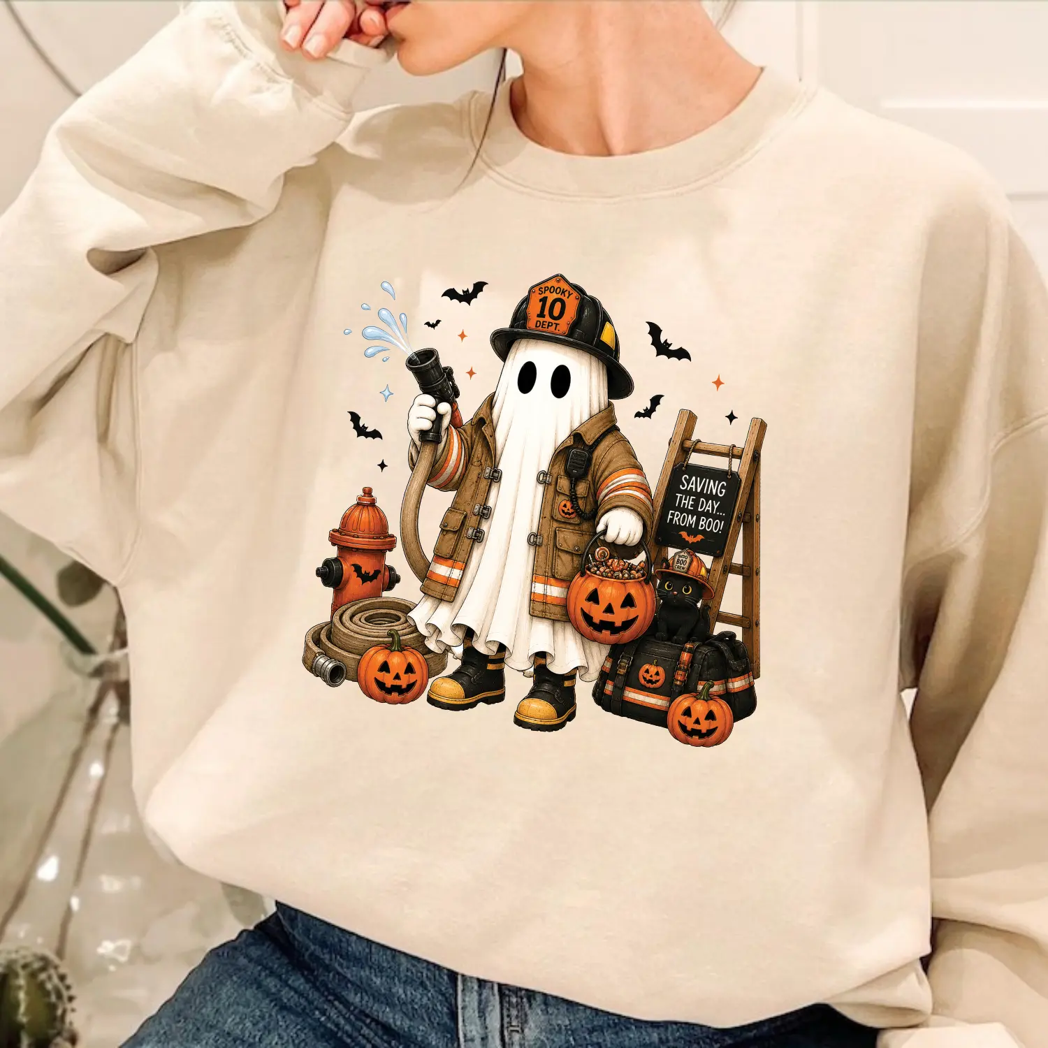 Halloween Firefighter Ghost Sweatshirt, Cute Ghost Firefighter Crewneck, Spooky Fire Department Shirt, First Responder Halloween Gift, Fall Firefighter Sweatshirt