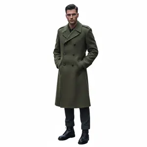 Men's Warmest Army Green Wool Overcoat Classic Military Officer Greatcoat with Double-Breasted Design Epaulets & Half-Belt for Formal Winter Wear