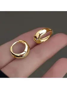 Gold Tone Smooth Huggie Hoop Earrings for Women - Simple Thin Tiny Circle Ear Buckle, Minimalist Everyday Jewelry