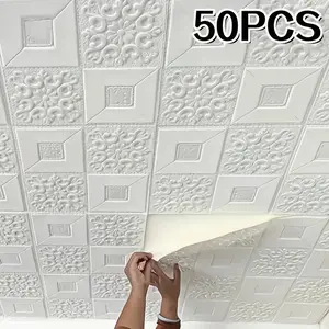 50 Sheets Self-Adhesive Waterproof Decorative Wall Paper, 3D Square Wallpaper for Bedroom Living Room Ceiling Decoration, Easy Installation Home Decor