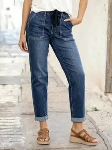 Women's Drawstring Pocket Denim Jeans, Long Pants with Adjustable Waistband, Comfortable Fit for Daily Wear, Trendy Design for All Seasons, Bottoms