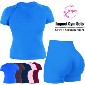 Jetjoy Seamless 2 Piece Workout Sets for Women Pink Short Sleeve T Shirt Tank Top & Scrunch Bum Shorts High Performance Activewear Fitness Training Clothes Summer Athletic Wear Sports Slim Fit