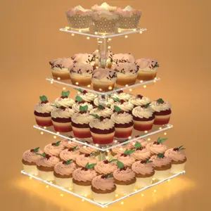 Cupcake Stand with Lights, 4 Tier Cupcake Holder, Light Up Cupcake Stand for 24 Cupcakes, Dessert Table Display Set for Weddings, Christmas, Birthday Parties (Yellow Light)