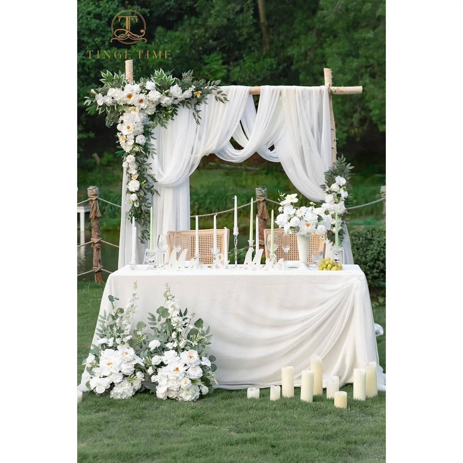TINGE TIME Ivory Wedding Arch Flowers Garland Set - 5pcs Deluxe Synthetic Floral Swag, 3 Sheer Drapes, Realistic Silk Arrangements with Floral Foam Ornaments, Corner Swag for Wedding Ceremony Arbor Backdrop, Home Decor