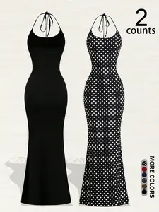 Women's Sexy Halter Neck Sleeveless A-Line Long Dress Set, Leopard Print Polka Dot Full Body Pattern, Slimming Design, Versatile Classic Style, Summer
