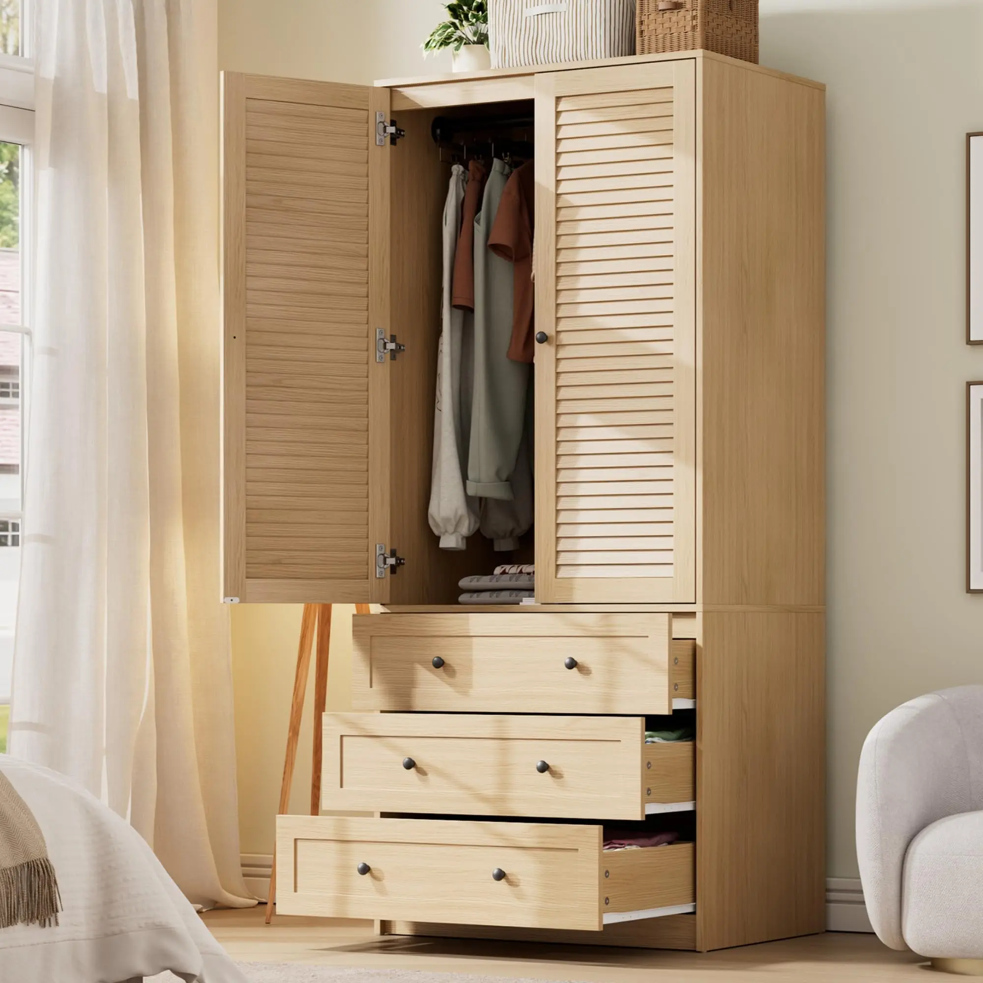 🚪 70" Wooden Wardrobe Armoire – 2 Doors & 3 Drawers with Hanging Rod & Shelf – Large Capacity Freestanding Closet Cabinet for Bedroom Storage! ✨