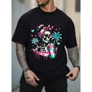 Graphic T-shirt Unisex Skeleton Messy Bun Skull Iced Coffee Heart Sunglasses T-Shirt| Funny Halloween Tee, Skull Graphic Shirt, Coffee Lover Top, Meme Tee, Unisex Casual, Viral TikTok Trend, Gift for Friends