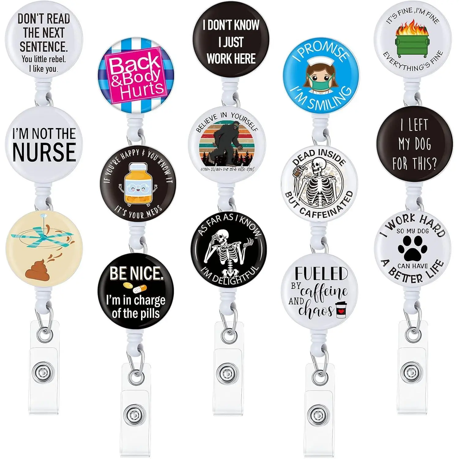 15-Pack Funny Quotes Synthetic Lightweight ID Card Holders, 1.3 in Diameter Retractable Reels with Badge Clips, Office Stationery for Teacher