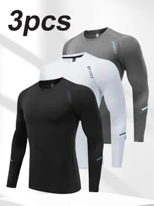 3 Pack Men's Slim Shape Top Sports Fitness Long Sleeve, Slim Tight Top, Outdoorfun,Comfortable Moisture Wicking Corset, Quick Drying and Breathable Outdoor Casual Fitness Riding Soccer Basketball T-Shirt