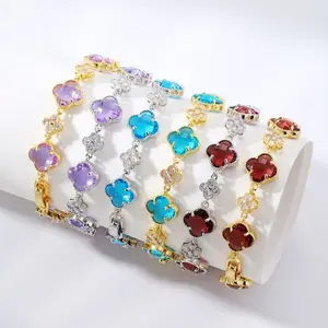Fashionable Crystal Clover Zircon Bracelet, Multiple Colors Available, Trendy Four-Leaf Clover Jewelry, Perfect Gift for Friends, Boho Style Bracelet, Bracelets Jewelry