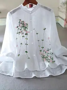 Women's Floral Print Shirt, Casual Button Top for Summer, Ladies Clothes for Daily Wear, Traditional Formal Womenswear Design