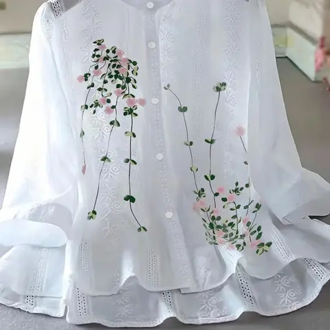 Women's Floral Print Long Sleeve Fit Shirt Blouse, Chic Feminine Elegance Casual Button Top for Summer, Ladies Clothes for Daily Wear, Floral Printed Blouses