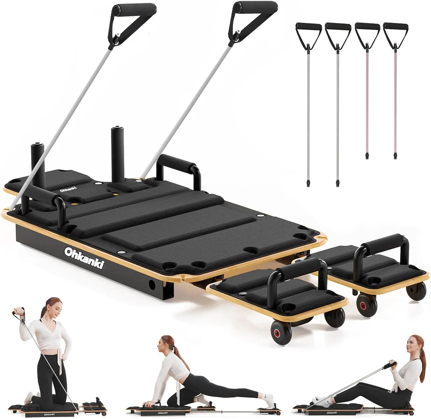 Ohkanki Black Pilates Reformer with 4 Resistance Bands and 2 Handles for Home Workout