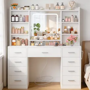 Vanity Desk with Mirror and Lights, Modren Makeup Vanity with 21.7" LED Mirror and 9 Drawers, Makeup Table with Charging Station for Women and Girls, Bedroom