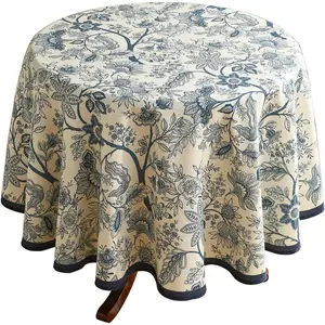 Linen Small Round Tablecloth,Blue Floral Washable Indoor Table Cloth,Durable Home Decor Tablecloths for Dining Thanksgiving Kitchen Party Christmas,Diameter 55"-Ruyi B