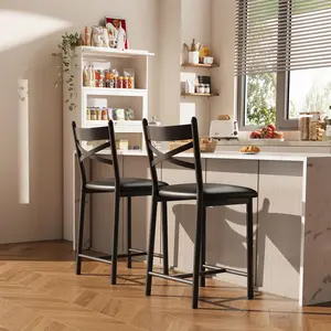 Garvee and Garvee Bar and Dining Chairs - Sets of 2 or 4 Metal Frame Stools with Backrests, Thick PU Synthetic Leather Cushions, Counter and Bar Height Options, Waterproof Surface, Available in Brown and Gold