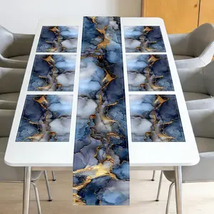 Square placemats Set of 7 and placemats Deep Blue&Gold Marble Pattern-Cotton Tablerunner(72X13inch)&6 Placemats(11.8X17.7) Table,Dining Room