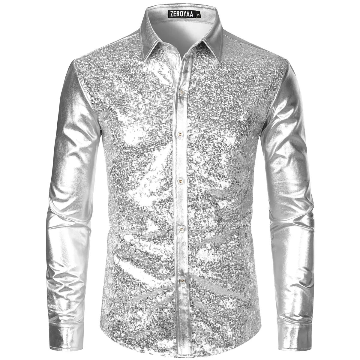 ZEROYAA Men's Shiny Metallic Sequin Long Sleeve Button-Down Shirt - Plain Fabric Christmas Festival Outfits for Halloween Cosplay Party, Fathers Day Gift for Boyfriend Costume Clothes