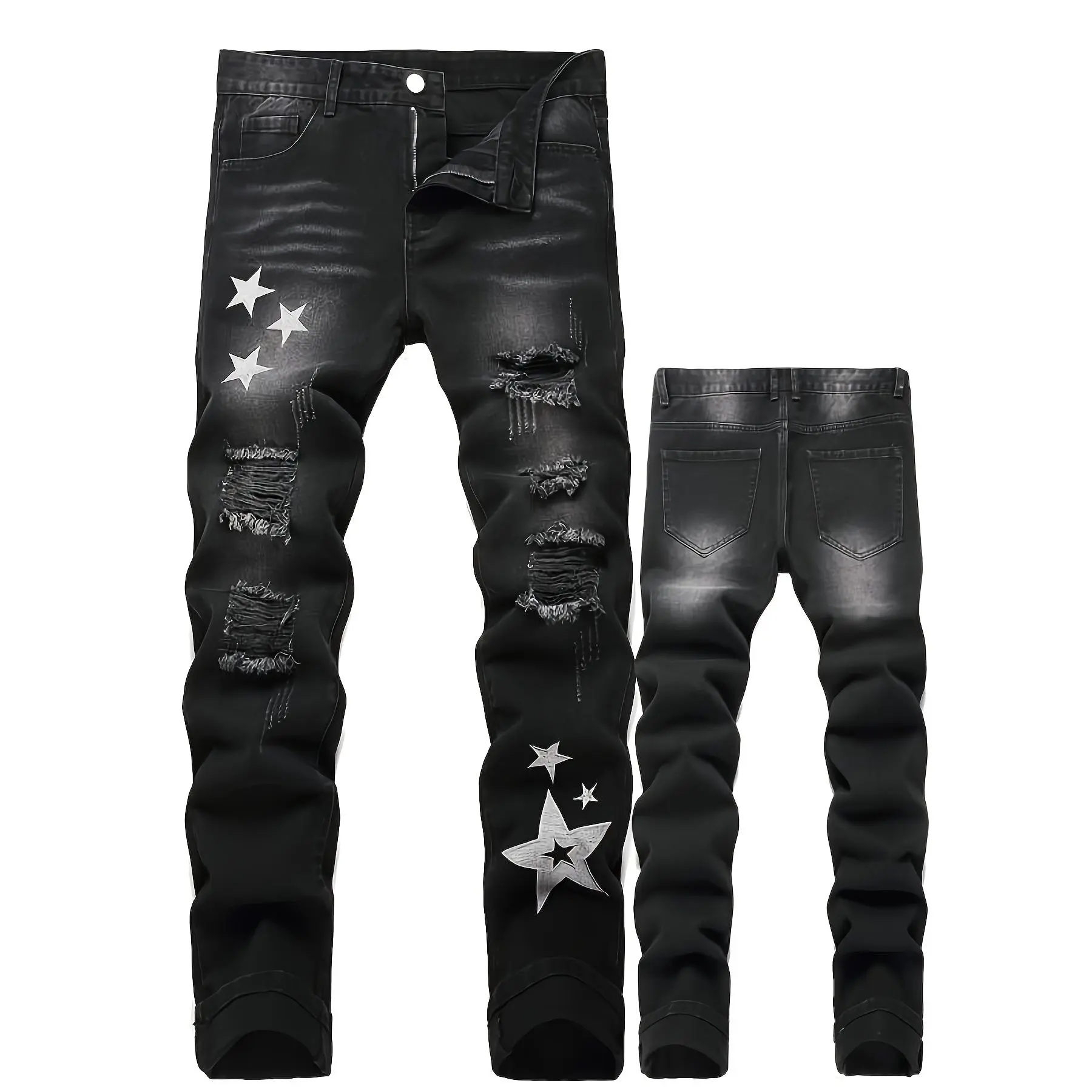 Men's Jeans, High Street Streetwear Style with Star Print, Ripped and Distressed Decorated Denim Menswear, Decorated Men's Jeans, Asymmetric Ripped Denim Men's Jeans