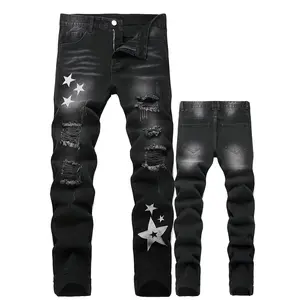Men's star print design ripped jeans street high street vibe ruffian handsome long pants