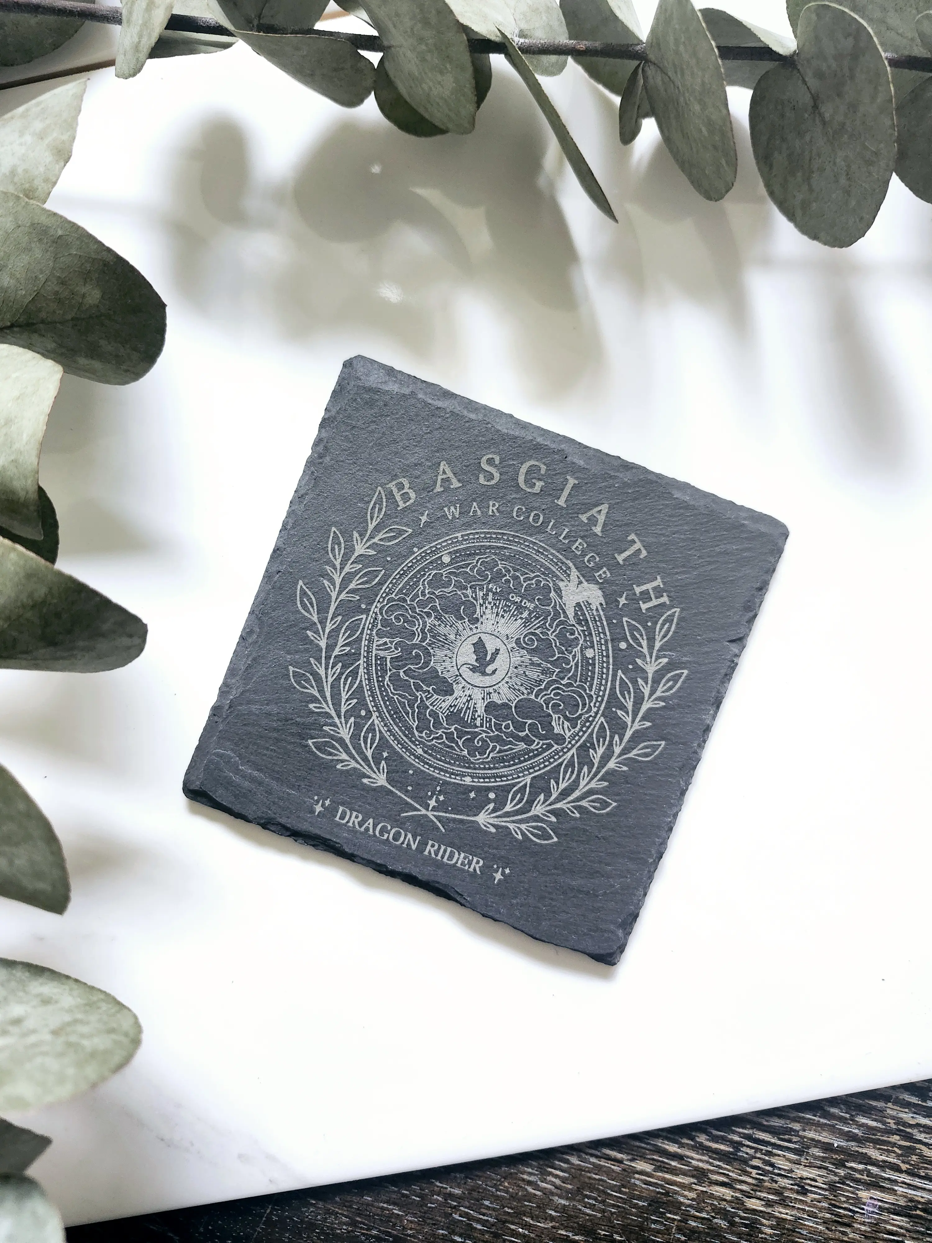 Fourth Wing Basgaith College Booktok Slate Engraved Coaster - Round, Heat Resistant, Unique Engraved Design - Tableware coaster slate  coasters