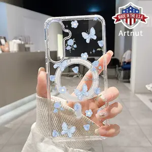 Transparent Magnetic Phone Case Compatible with GalaxyS24 Plus S25 S23 FE S22 Ultra S22+ Blue Butterfly Blossom Pattern Acrylic Back Soft Edge Anti-Slip Hard Shell for Girl