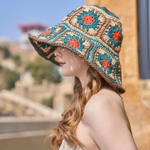 Women Crochet Bucket Hats Fashion Floral Knitted Caps Outdoor Fisherman Hats for Travel, Beach, Hiking