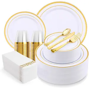 700-  Rim Plastic Dinnerware Set for 100 Guests, Elegant Disposable Dinnerware for Party, Wedding. Includes Dinner Plates, Dessert Plates,  Silverware, Napkins, Cups