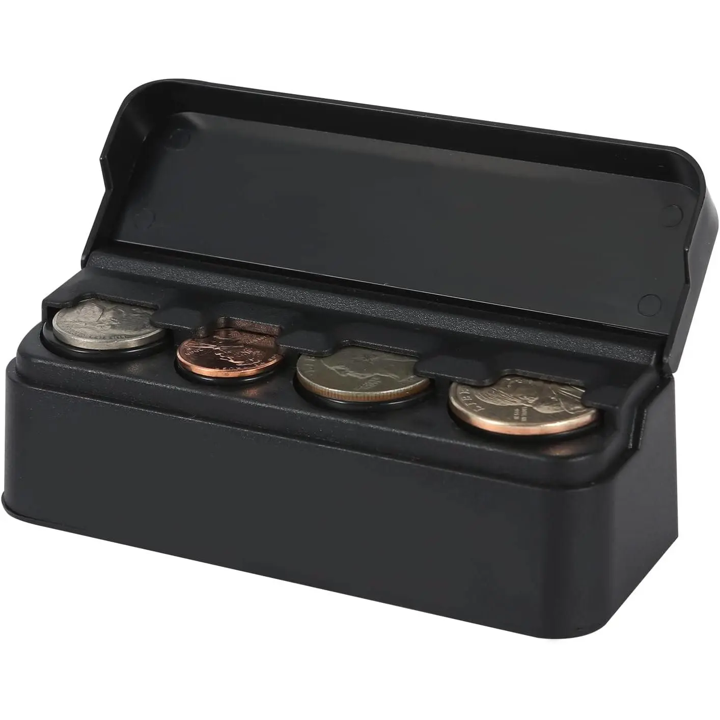 Car Interior Change Sorter Holder - Classic Black Plastic Quality Container with Lid, Mini Accessories Organizer Dispenser for Quarters, Dimes, Default
