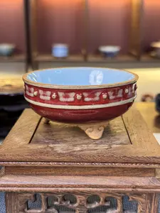 Handcrafted Jun Porcelain Tea Cup Three-Legged Red Glaze Sky Blue Interior Chinese Kung Fu Tea Bowl for Traditional Ceremonies