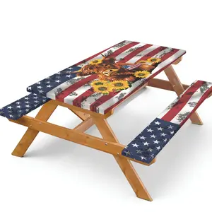 Fitted Picnic Table & Bench Cover Set 3PCS (72×30In) - Western Rustic Highland Cow, Sunflower, Distressed American Flag Design, Windproof Waterproof Elastic Edge, Patriotic Decor for 4th of July, Backyard BBQ